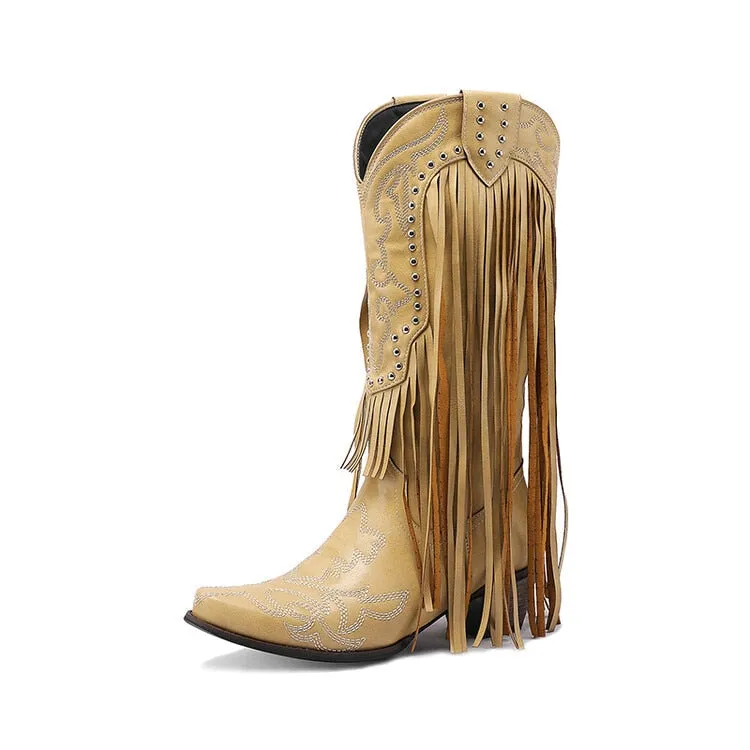 2023 Women Western Mid-calf Boots Pointed Toed Fringed Slip-on Spring Autumn