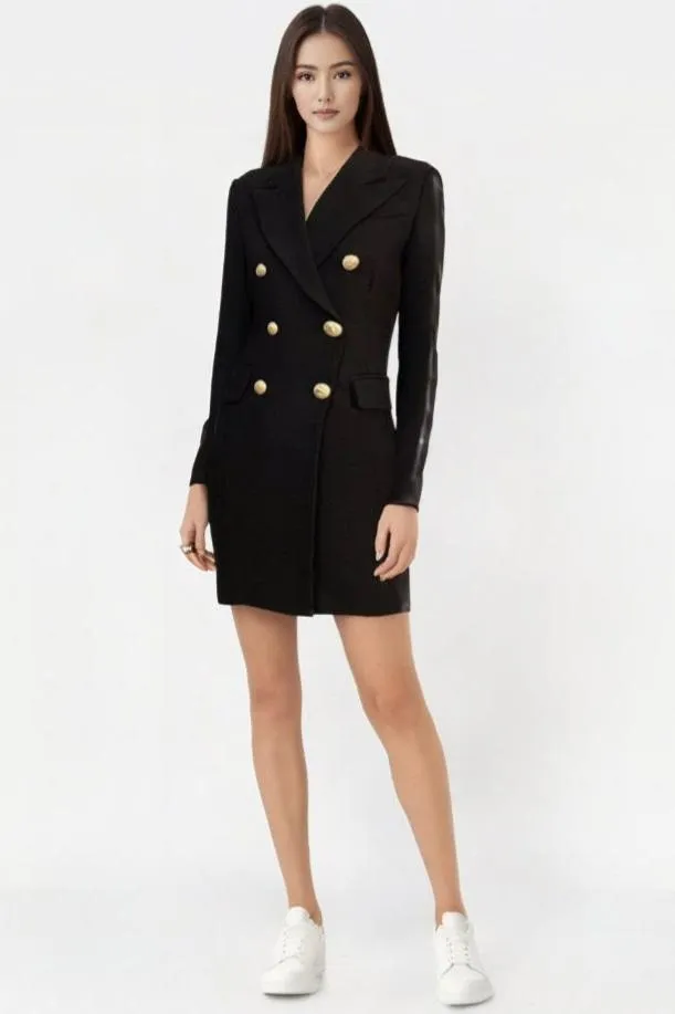 2024 Women's Designer Blazer Dress - Double-Breasted with Lion Buttons and Notched Lapels