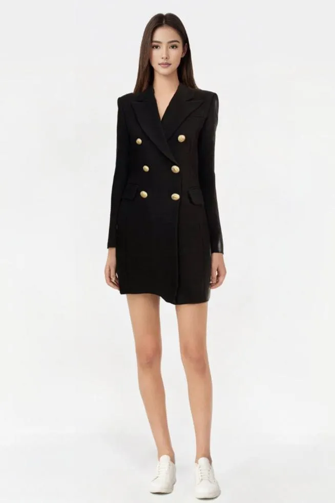 2024 Women's Designer Blazer Dress - Double-Breasted with Lion Buttons and Notched Lapels