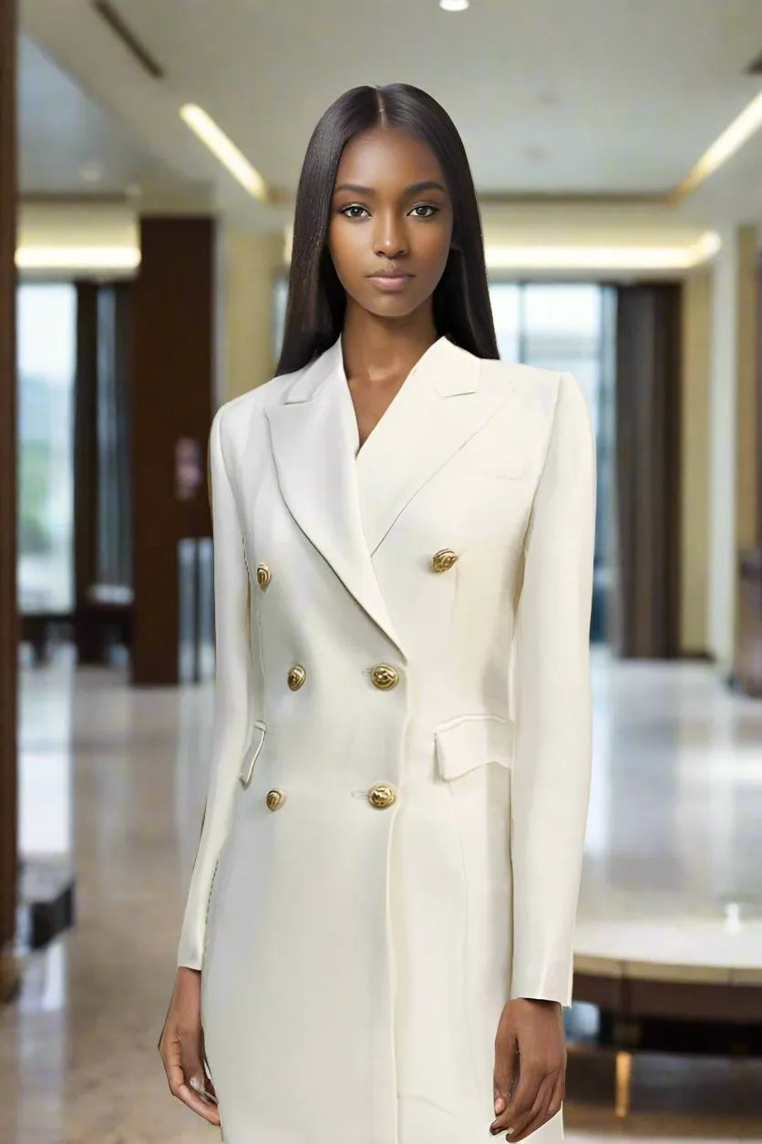 2024 Women's Designer Blazer Dress - Double-Breasted with Lion Buttons and Notched Lapels