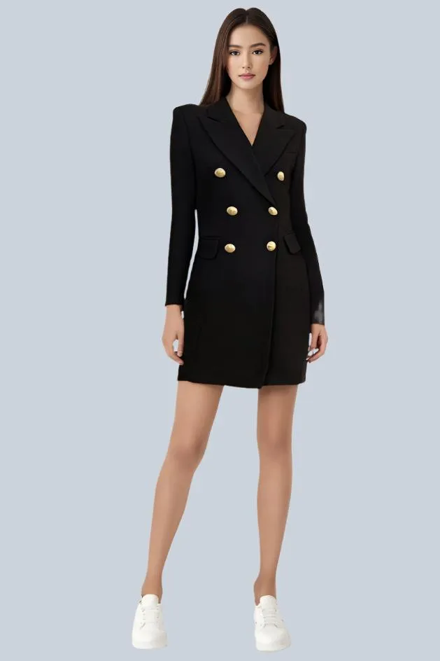 2024 Women's Designer Blazer Dress - Double-Breasted with Lion Buttons and Notched Lapels