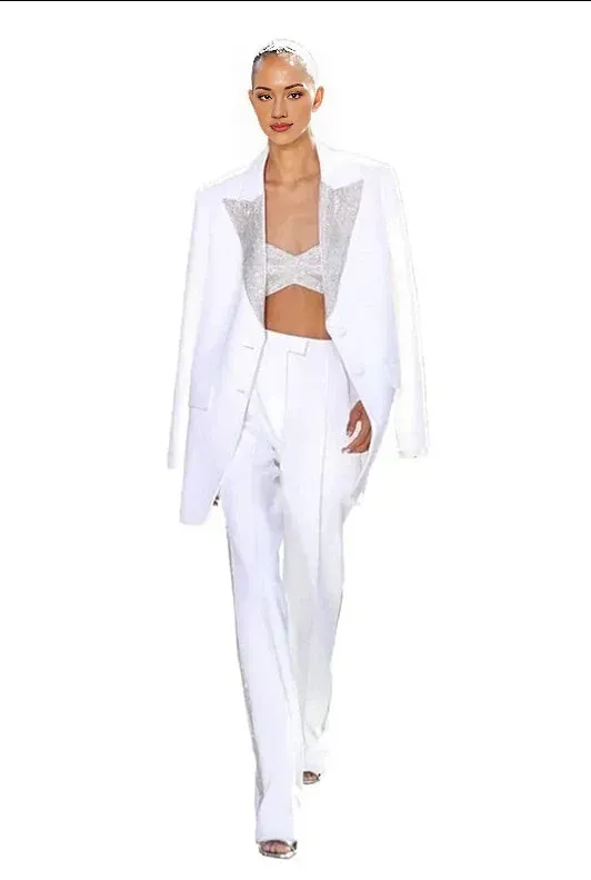 3 Pcs Women Suits Set Jewelry Lapel White Sequins Jacket Blazer Top Bra Wide Legs Pants (Copy)