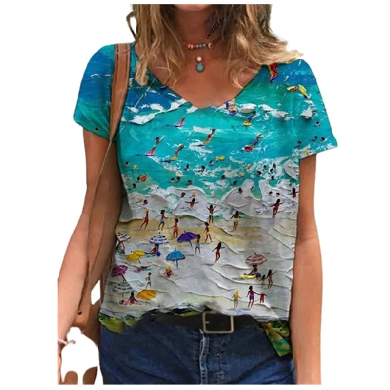 3D Boat Print Women T Shirt Summer Casual Short Sleeve V-Neck Loose Street Tops Plus Size Female Cotton Tee