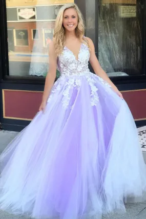 3D Floral Appliques Tulle V Neck Lavender Prom Dresses Princess Evening Dresses