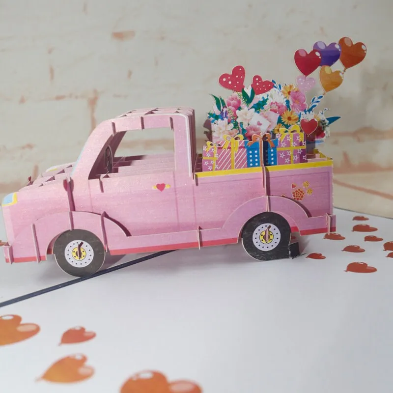 3D Handmade Red & Pink Floral Love Car Pop Up Greeting Card - Perfect for Floral Romantic, Wedding, Thinking of You, Congrats, or Thank You