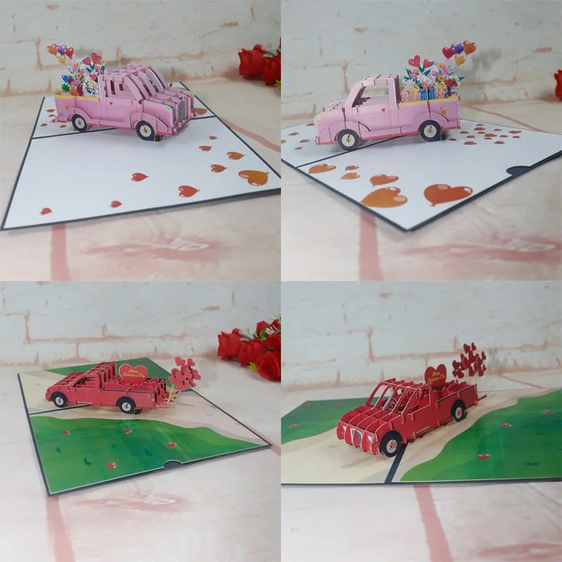 3D Handmade Red & Pink Floral Love Car Pop Up Greeting Card - Perfect for Floral Romantic, Wedding, Thinking of You, Congrats, or Thank You