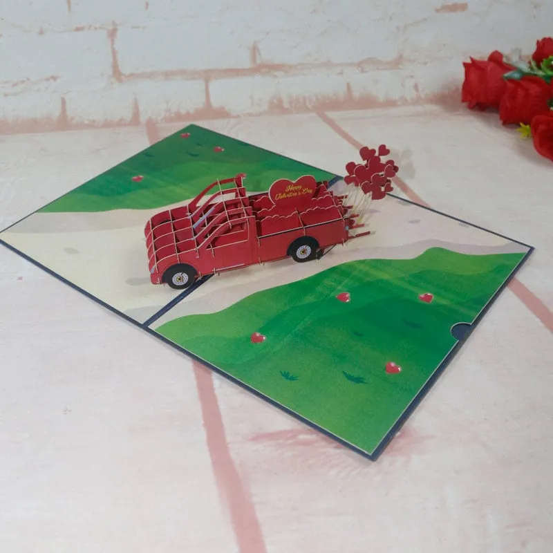 3D Handmade Red & Pink Floral Love Car Pop Up Greeting Card - Perfect for Floral Romantic, Wedding, Thinking of You, Congrats, or Thank You