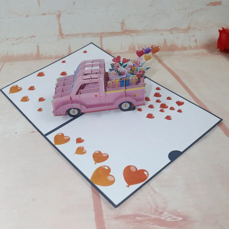 3D Handmade Red & Pink Floral Love Car Pop Up Greeting Card - Perfect for Floral Romantic, Wedding, Thinking of You, Congrats, or Thank You