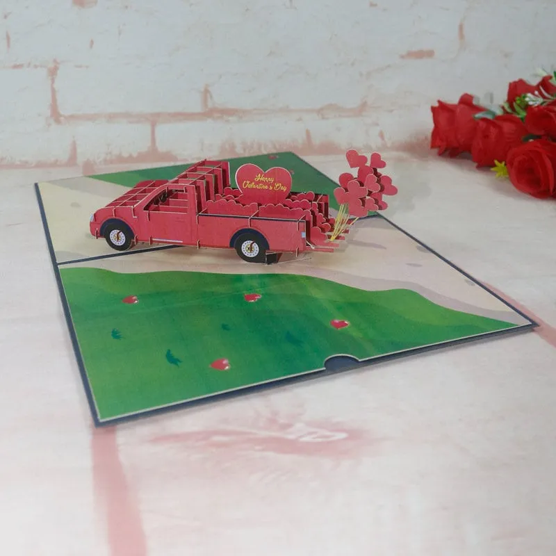 3D Handmade Red & Pink Floral Love Car Pop Up Greeting Card - Perfect for Floral Romantic, Wedding, Thinking of You, Congrats, or Thank You