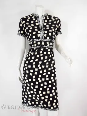 70s Black & White Geometric Sheath Dress - sm, med