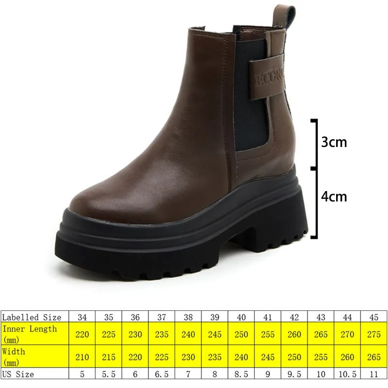 7cm Genuine Cow Leather Ankle Mid Calf Platform Chunky Heel Motorcycle Autumn Spring Boots Women Shoes