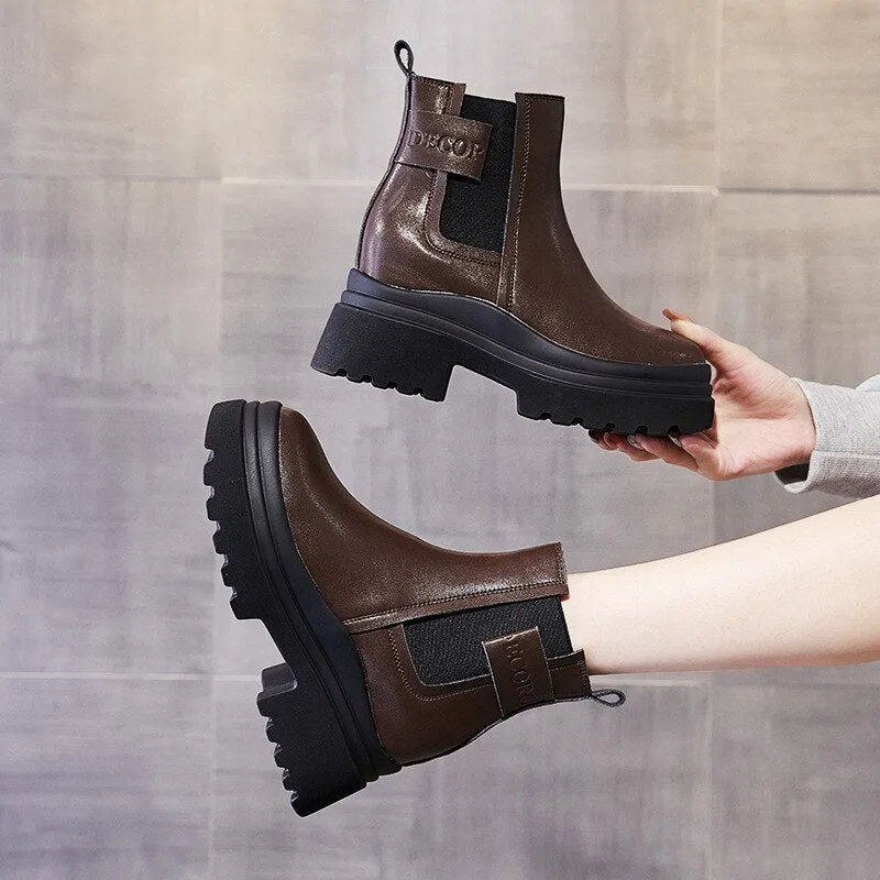 7cm Genuine Cow Leather Ankle Mid Calf Platform Chunky Heel Motorcycle Autumn Spring Boots Women Shoes