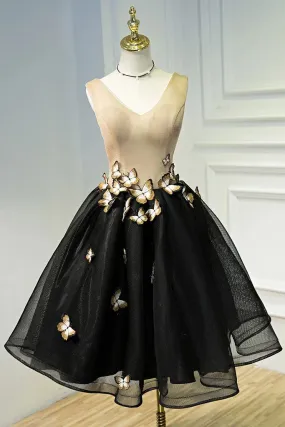 A Line Black V Neck Lace up Homecoming Dresses Sleeveless Prom Dress With Butterfly H1136