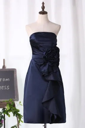 A Line Bridesmaid Dresses Strapless Knee Length Satin With Ruffles