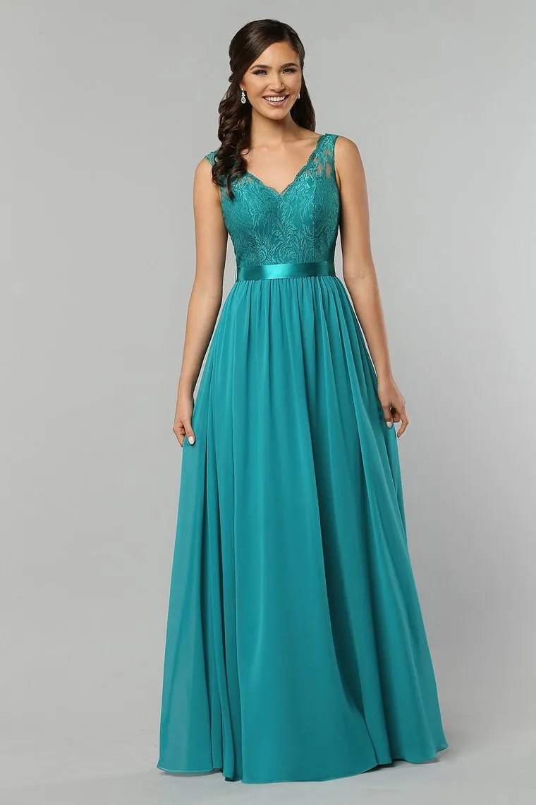 A Line Chiffon V Neck Bridesmaid Dresses With Sash Floor Length