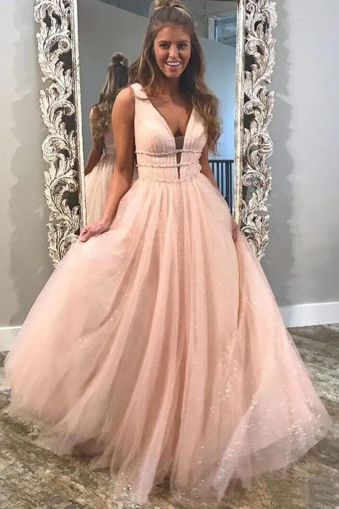 A Line Deep V Neck Ball Gown Prom Dresses Open Back White Evening Dresses JS536