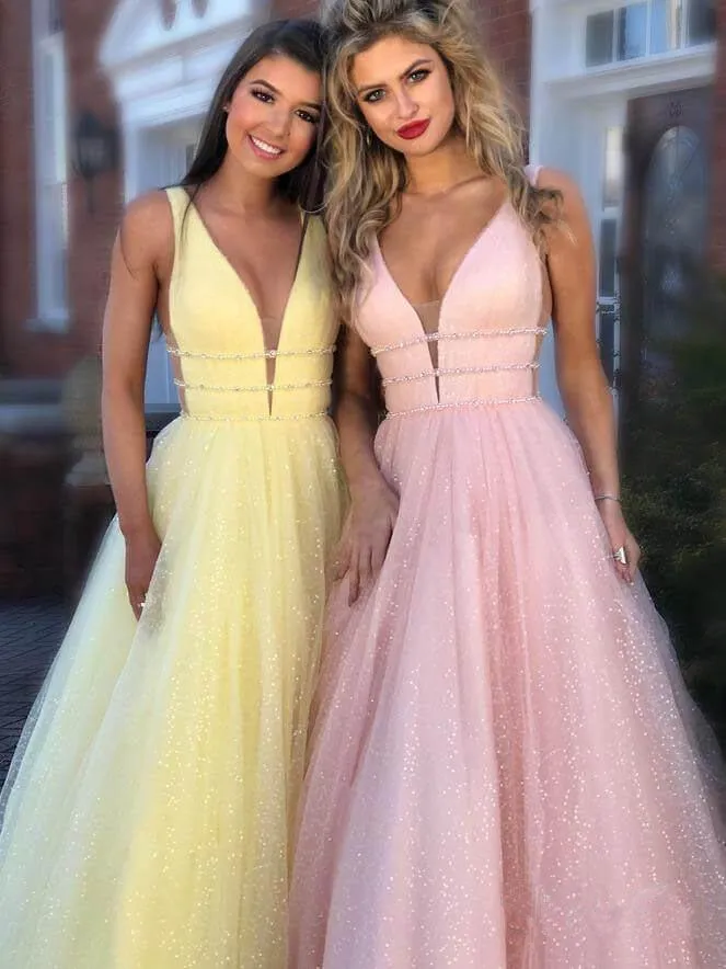 A Line Deep V Neck Ball Gown Prom Dresses Open Back White Evening Dresses JS536