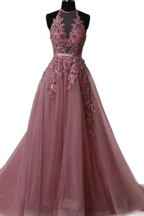 A Line Halter Lace Appliqued See-through Long Beads Lace up Tulle Backless Prom Dresses JS632