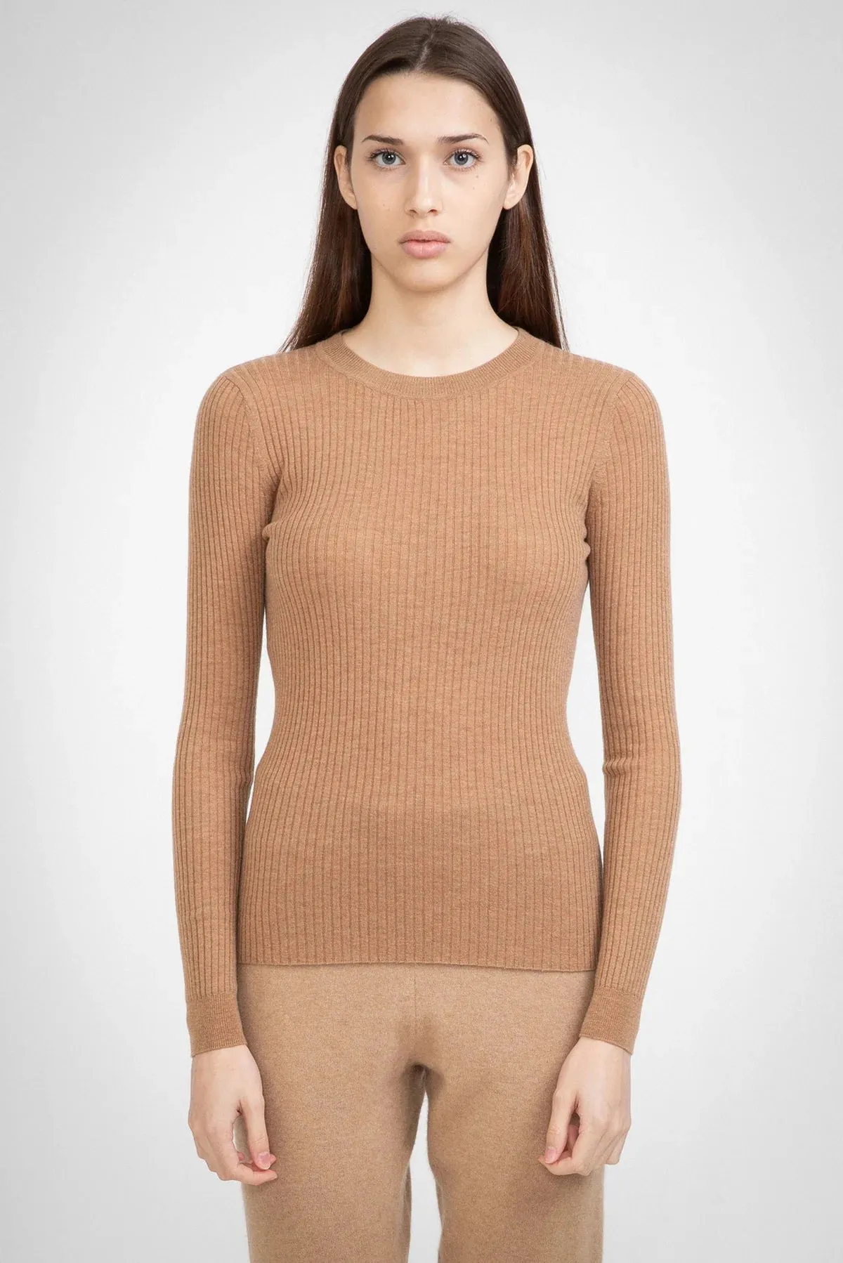 Aleger Cashmere Nutmeg Skinny Rib Crew Neck Sweater