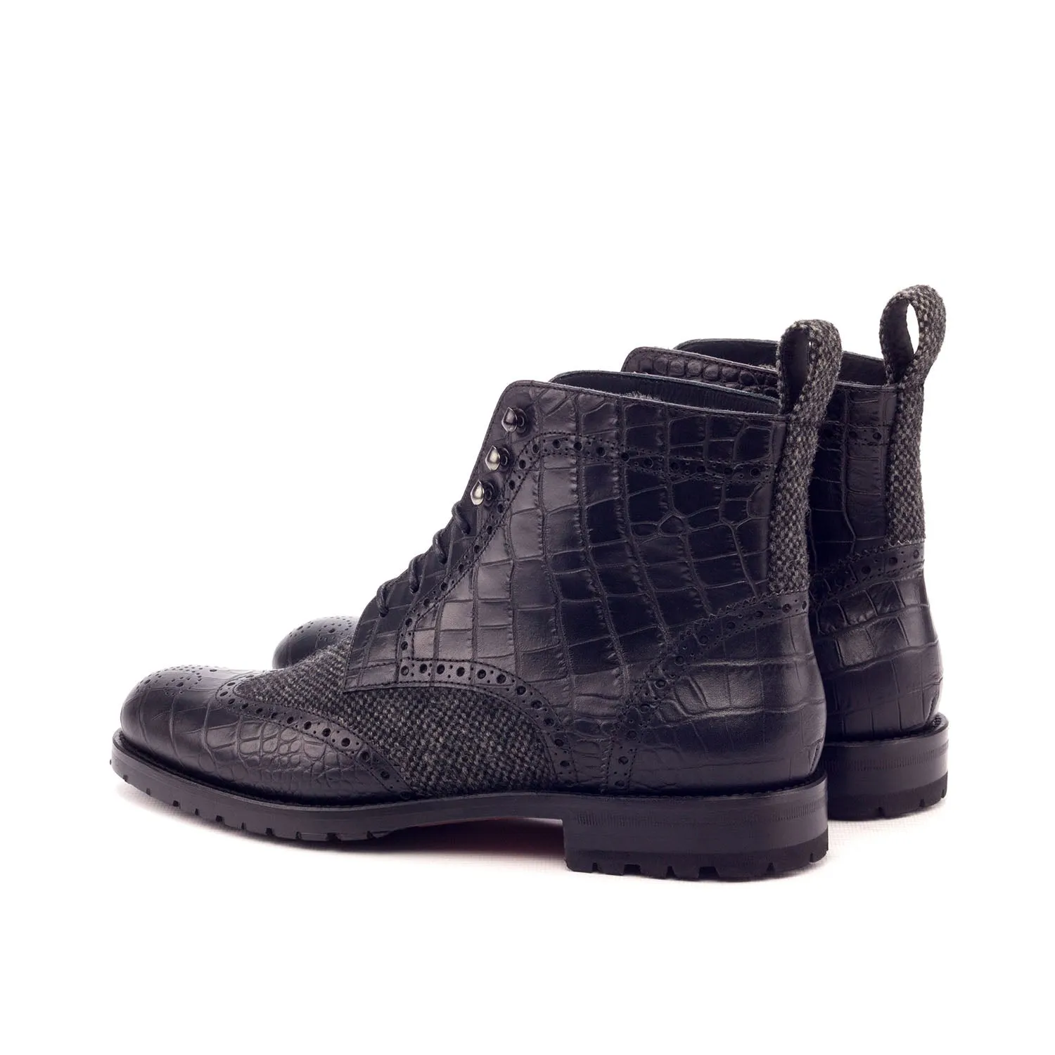 Ambrogio Bespoke Custom Women's Custom Made Shoes Black Fabric / Crocodile Print Military Brogue Boots (AMBW1021)