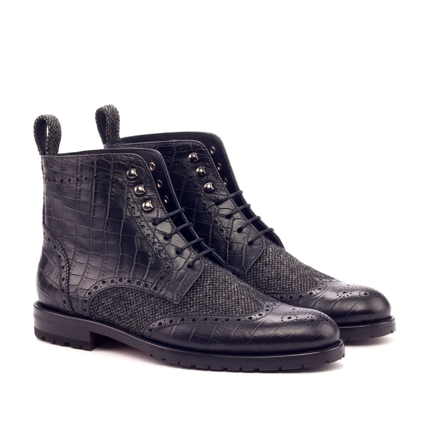 Ambrogio Bespoke Custom Women's Custom Made Shoes Black Fabric / Crocodile Print Military Brogue Boots (AMBW1021)