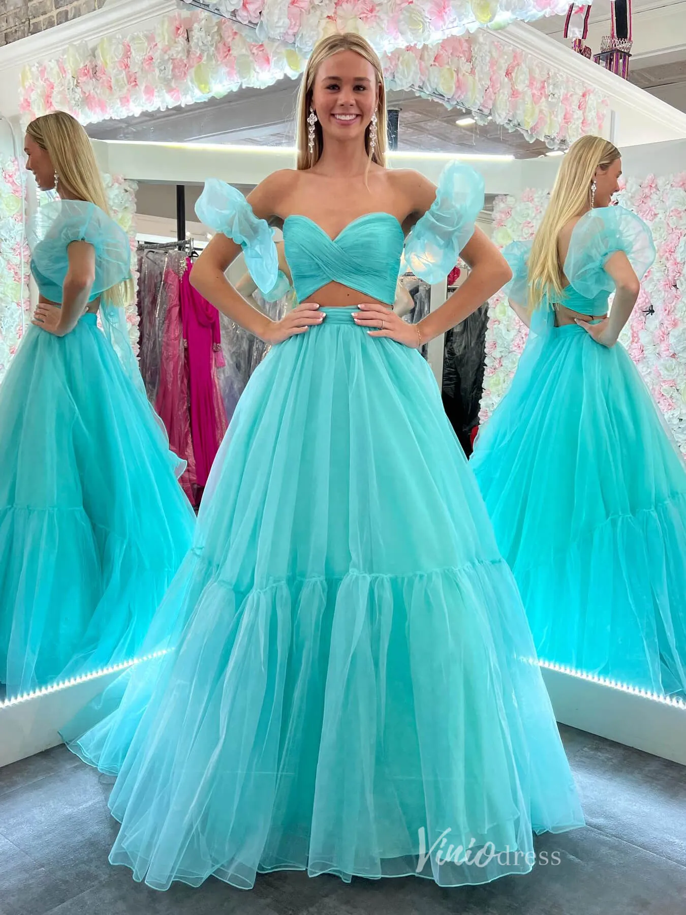 Aqua Two Piece Tulle Prom Dresses Crossed Pleated Bodice Puffed Sleeve FD4036