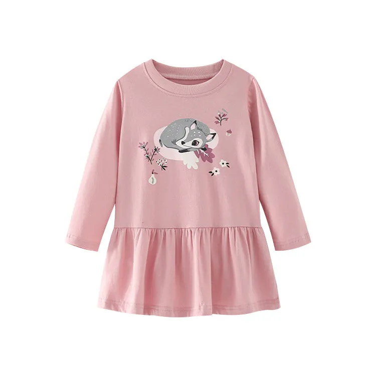 Baby Deer Full Sleeve Girls Dress - Dreamy Pink