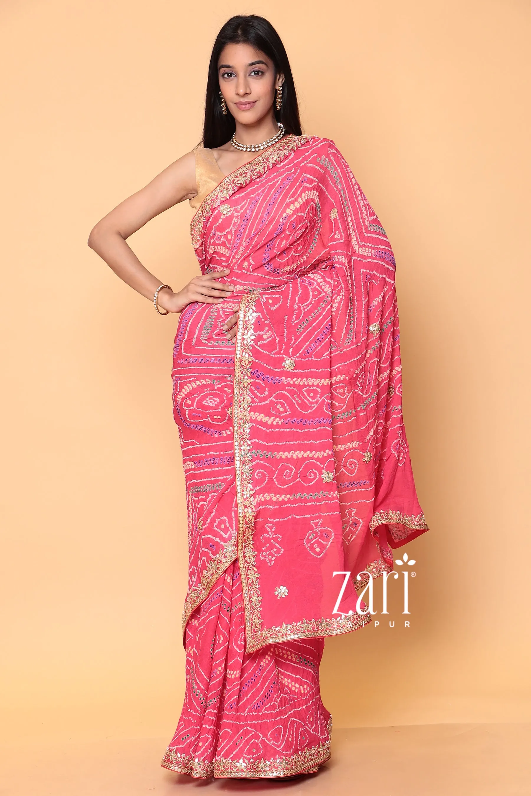 Bandhej Georgette Saree with Dori, Gota Patti, Pearl work.