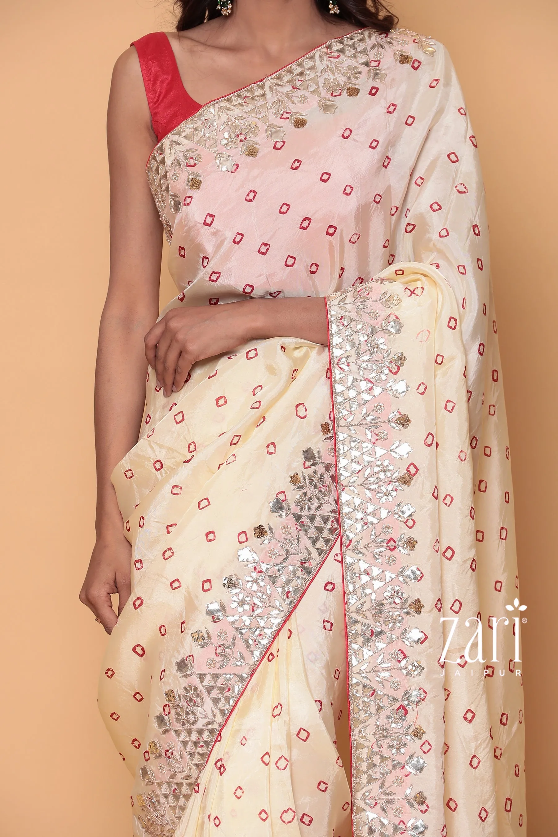 Bandhej Silk Saree with Dori, Gota Patti, Pearl, Sequins, Zardozi work.