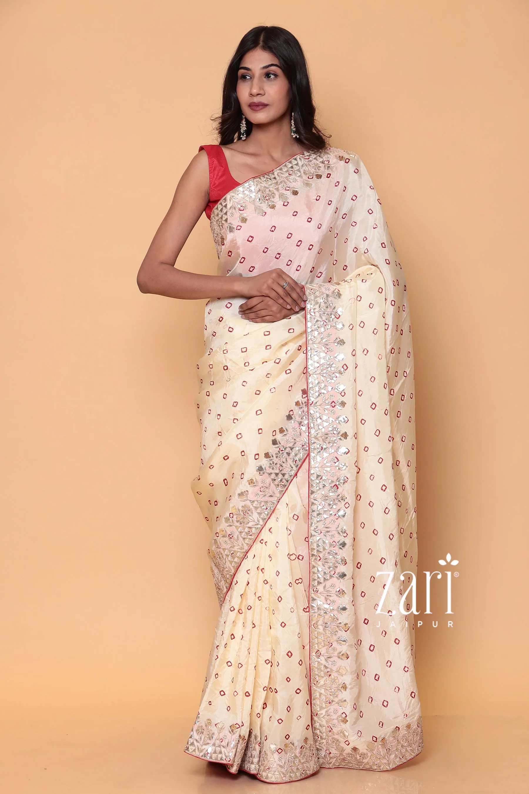 Bandhej Silk Saree with Dori, Gota Patti, Pearl, Sequins, Zardozi work.