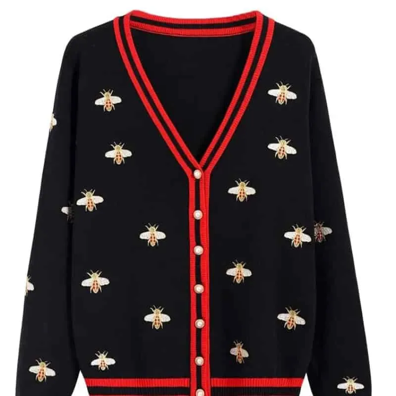 Bee Embroidery Contrast Color Button Knitted Cardigan