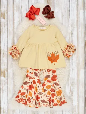 Beige & Brown Maple Leaf Bell Bottom Outfit