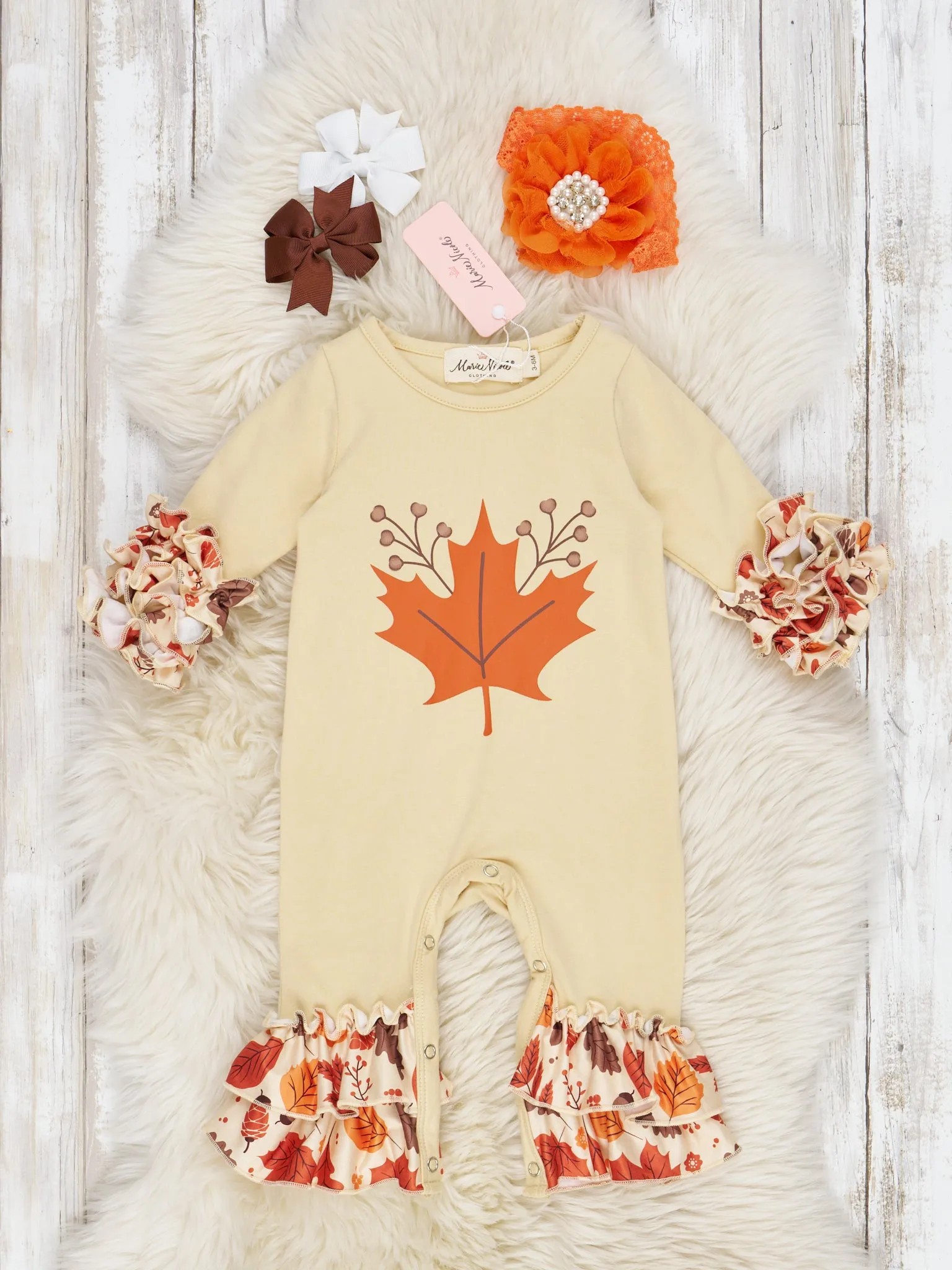 Beige & Brown Maple Leaf Ruffle Romper