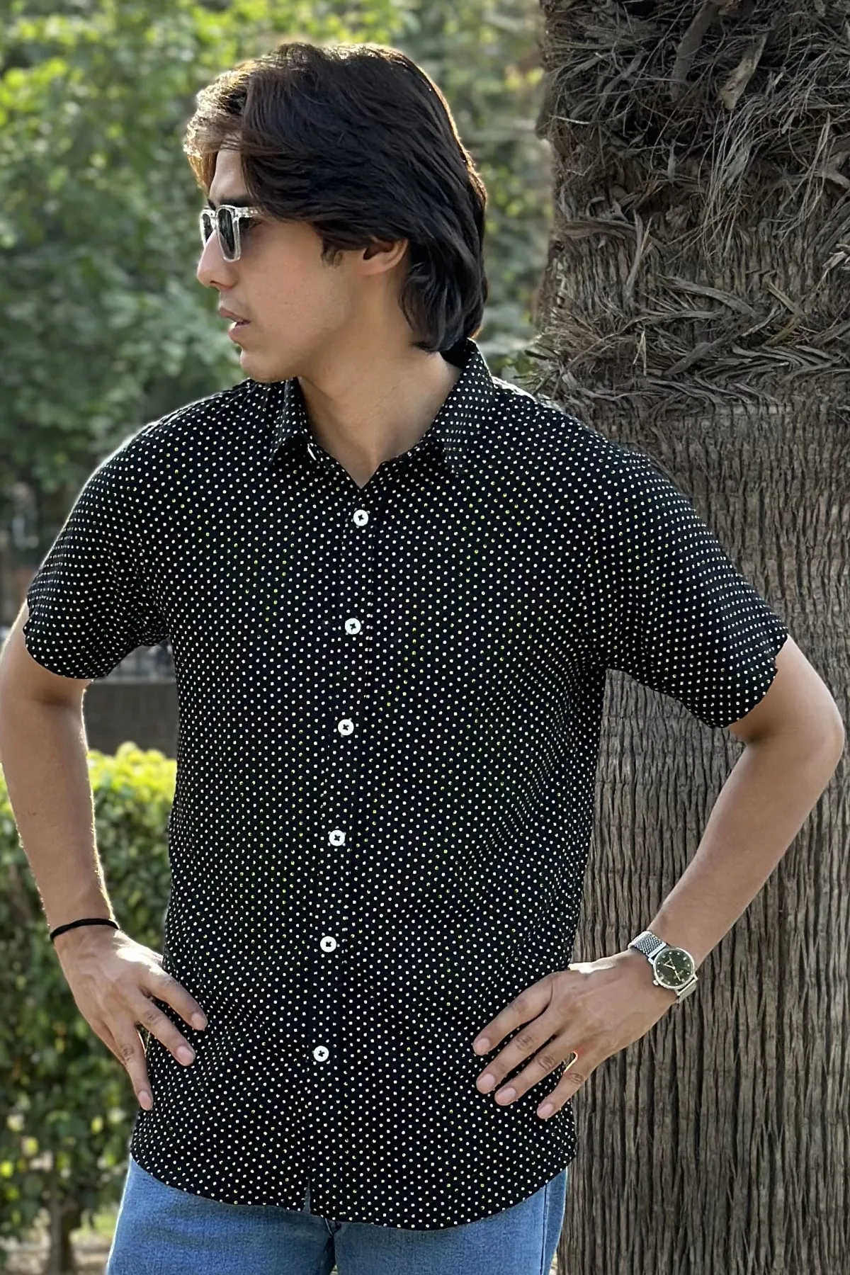 Black With White dots Collar Shirt