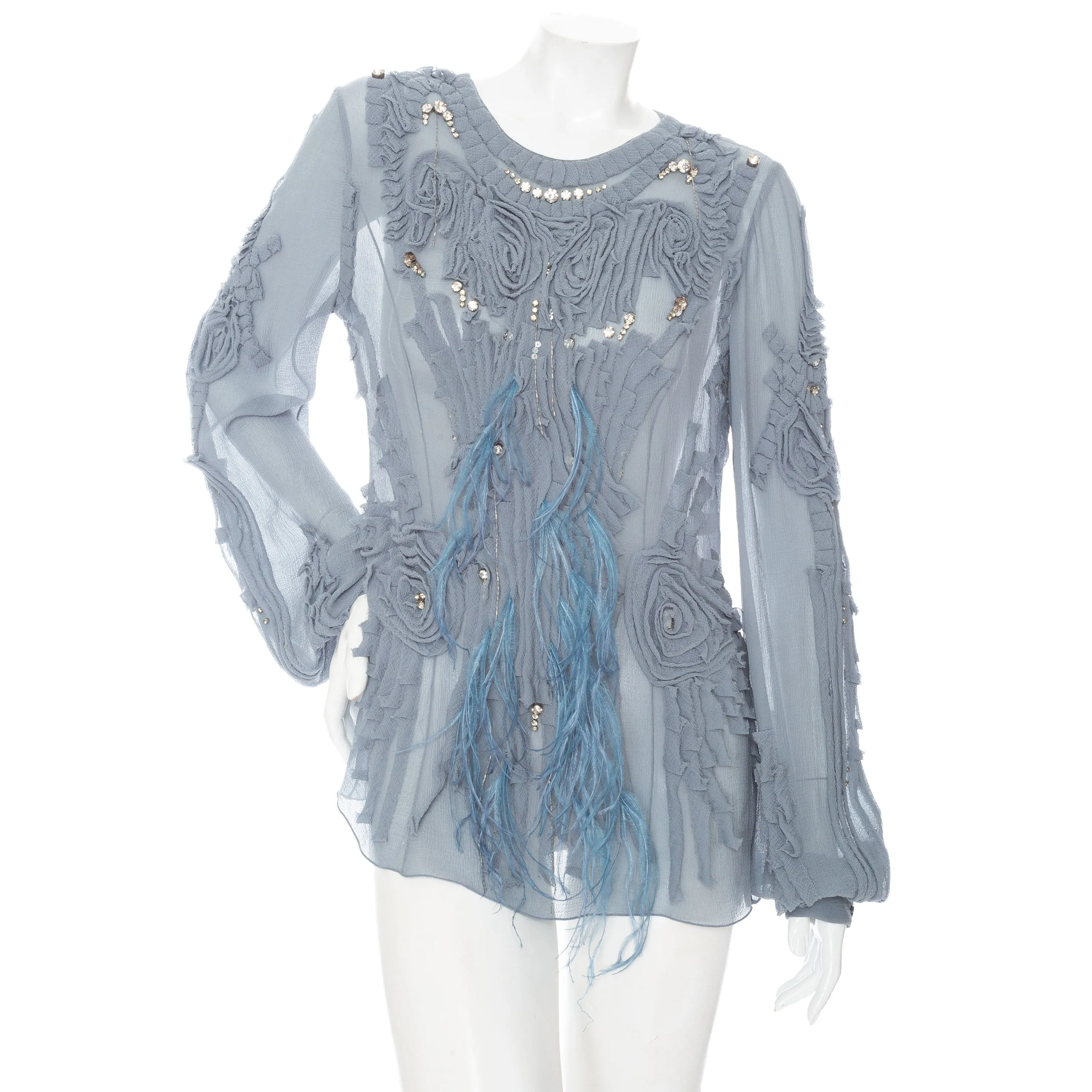 Blue Semi Sheer Rosette Rhinestone and Feather-Embellished Blouse