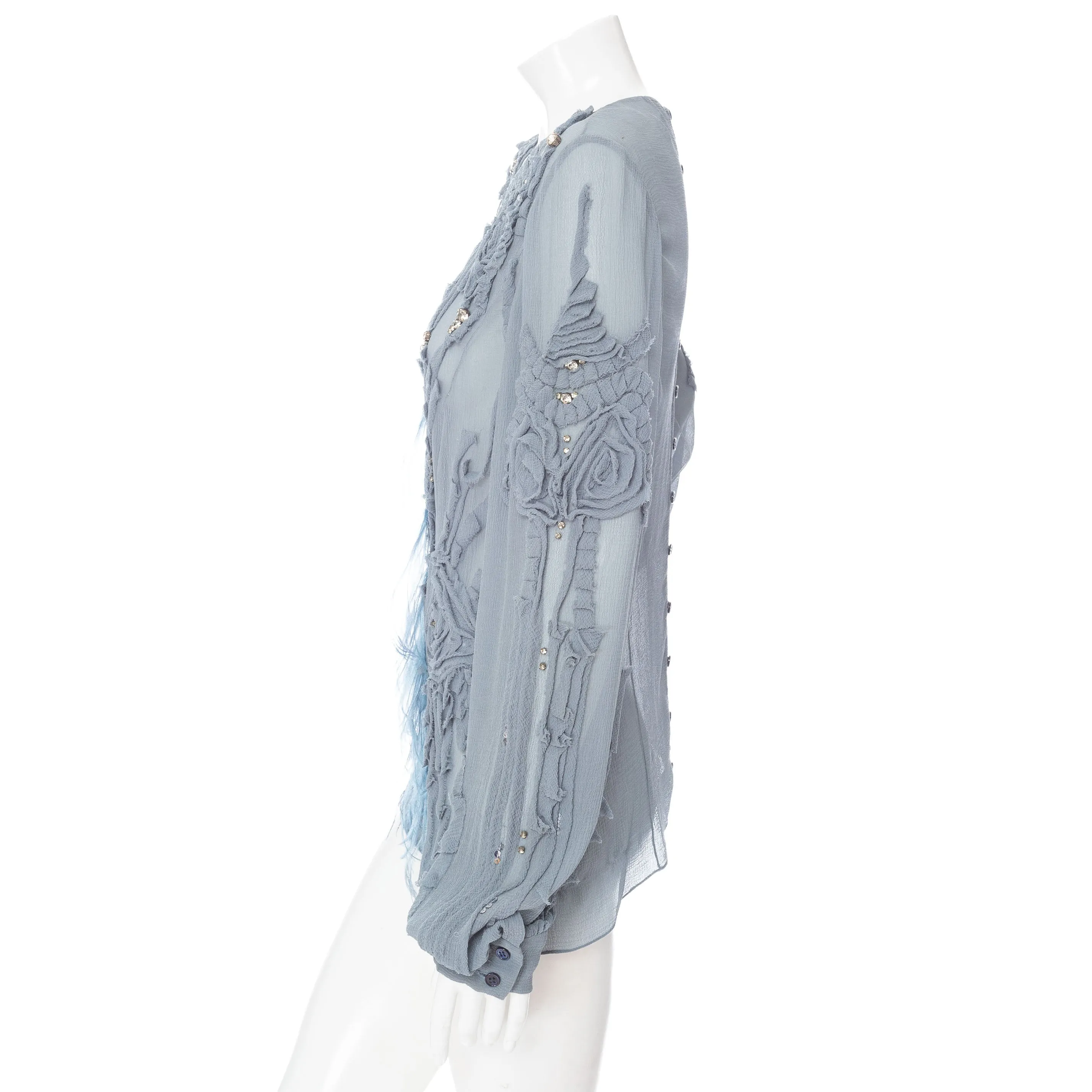 Blue Semi Sheer Rosette Rhinestone and Feather-Embellished Blouse