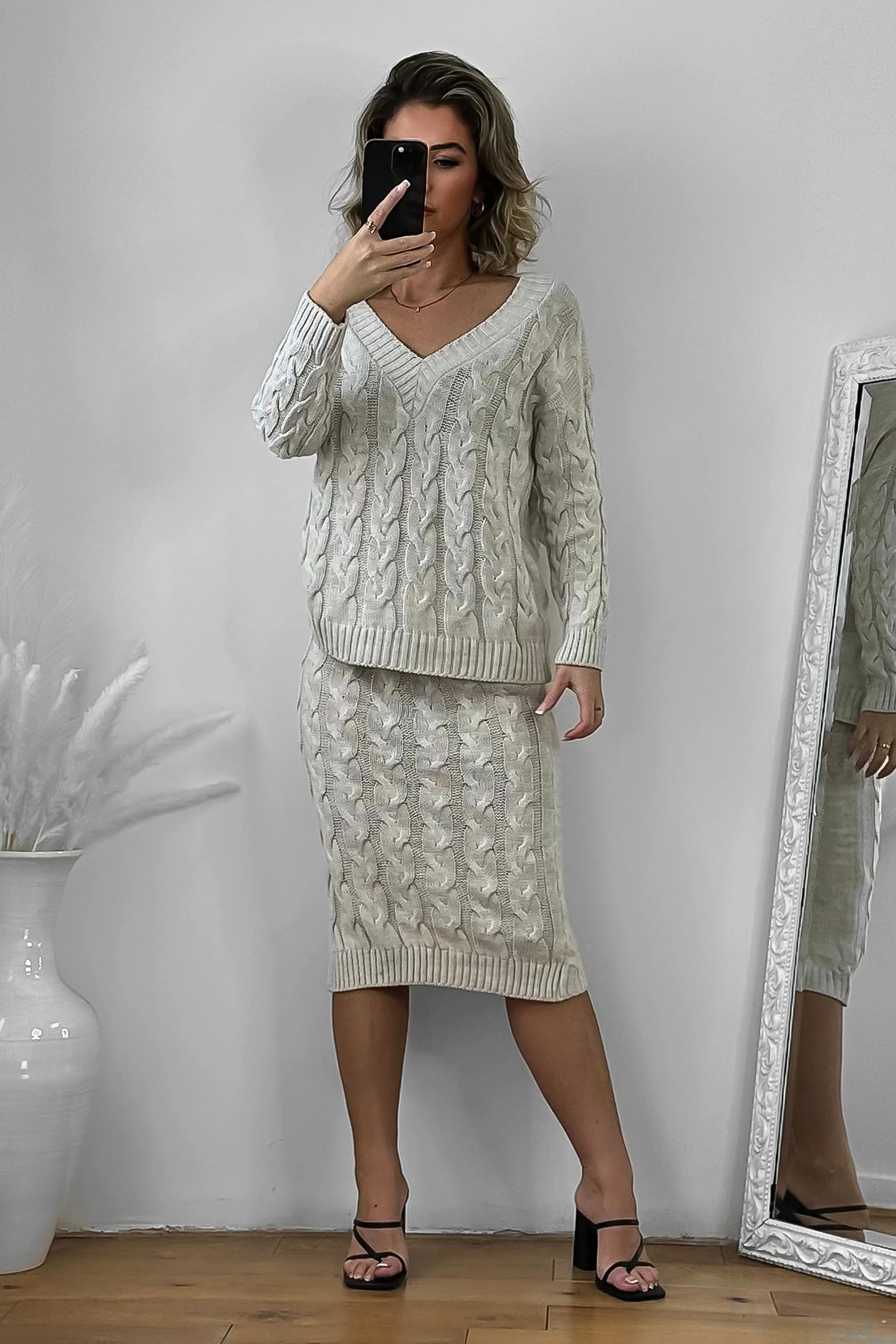 Braided Knit Skirt And Pullover Set