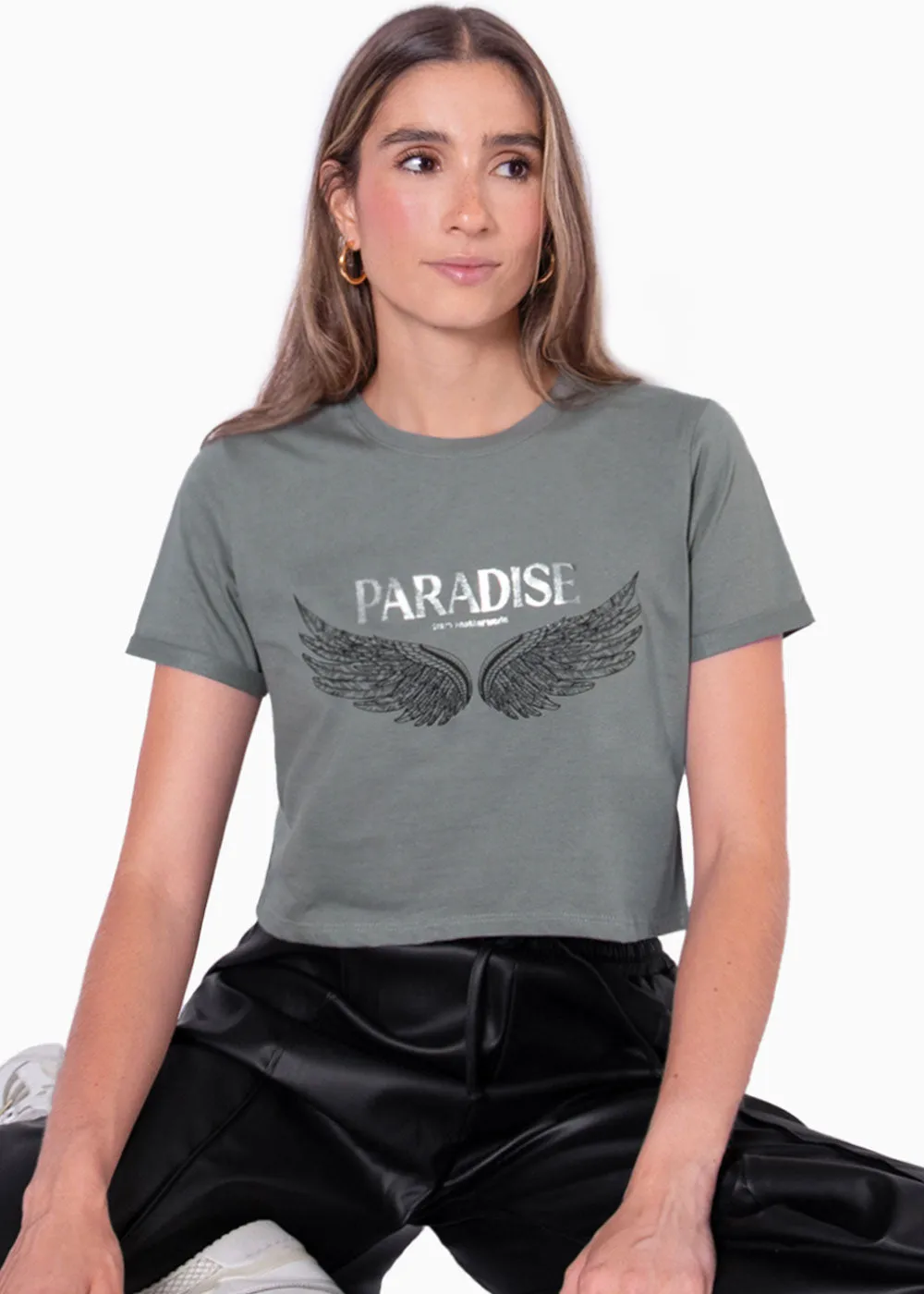 Camiseta corta con estampado "Paradise" y alas - NEREA