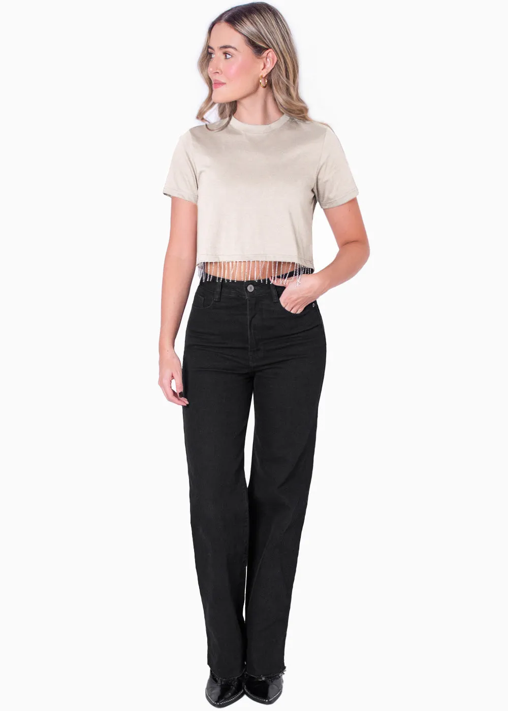 Camiseta crop con apliques de piedras brillantes - OLITA