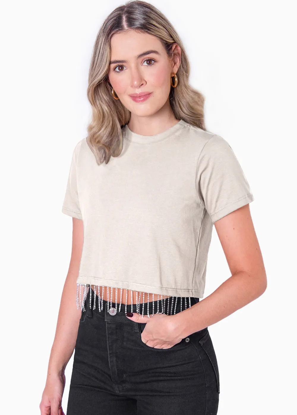 Camiseta crop con apliques de piedras brillantes - OLITA