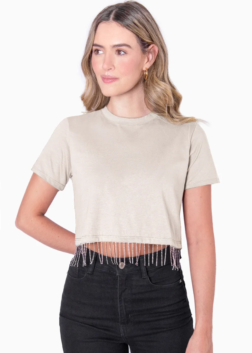 Camiseta crop con apliques de piedras brillantes - OLITA