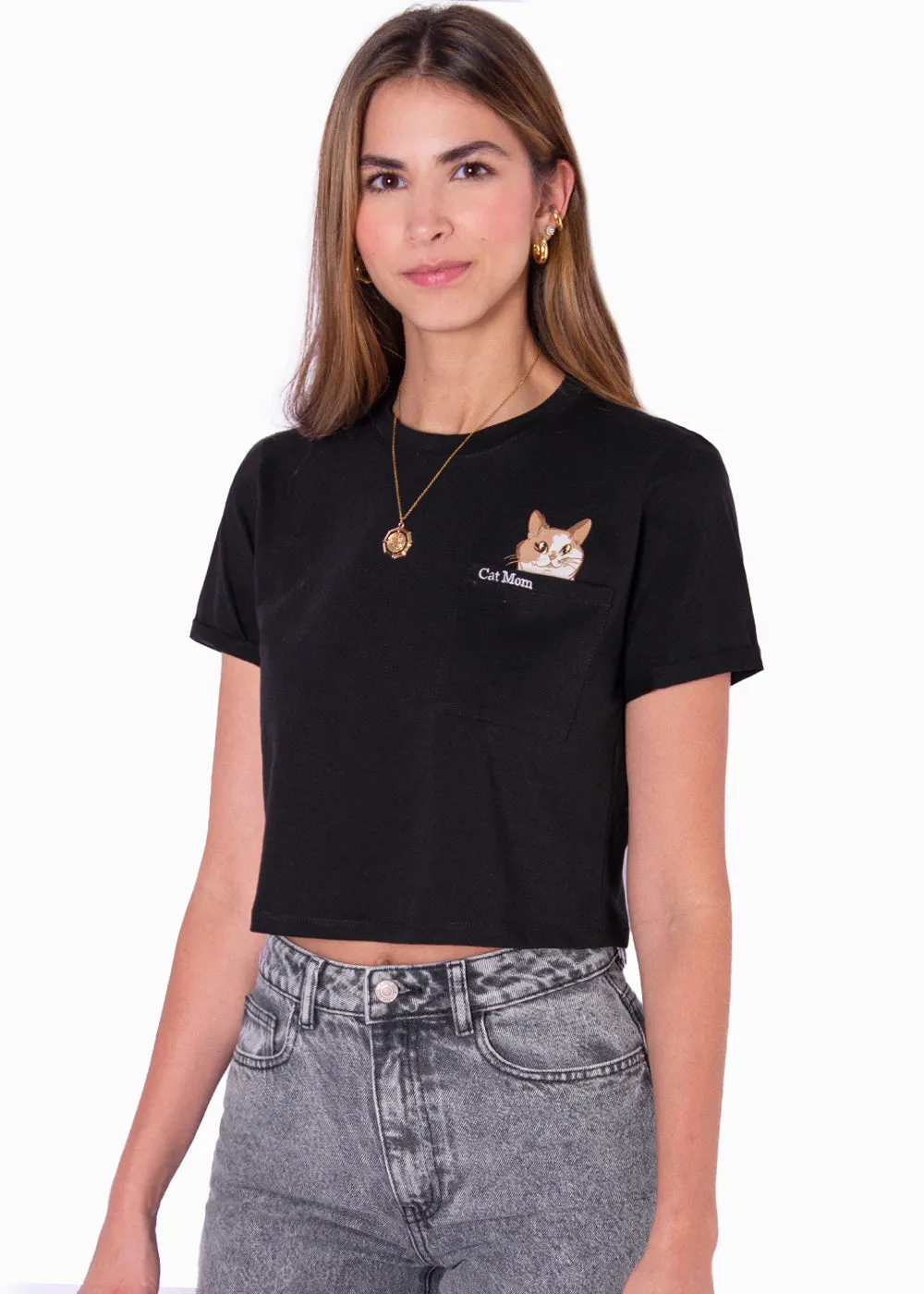 Camiseta crop estampada "Cat mom" - PAULETTE