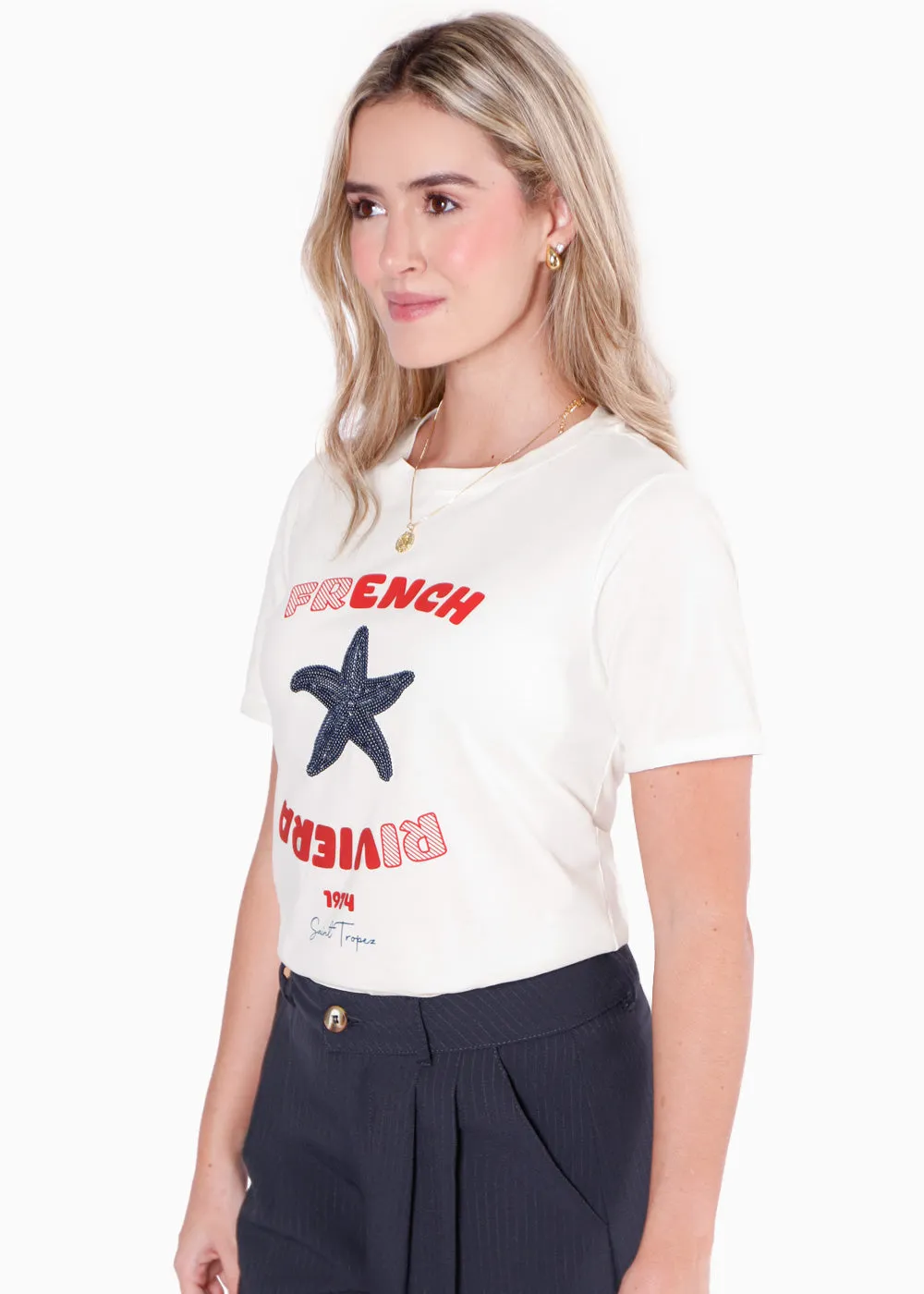 Camiseta estampada "French Riviera" con estrella en lentejuelas - GIANA