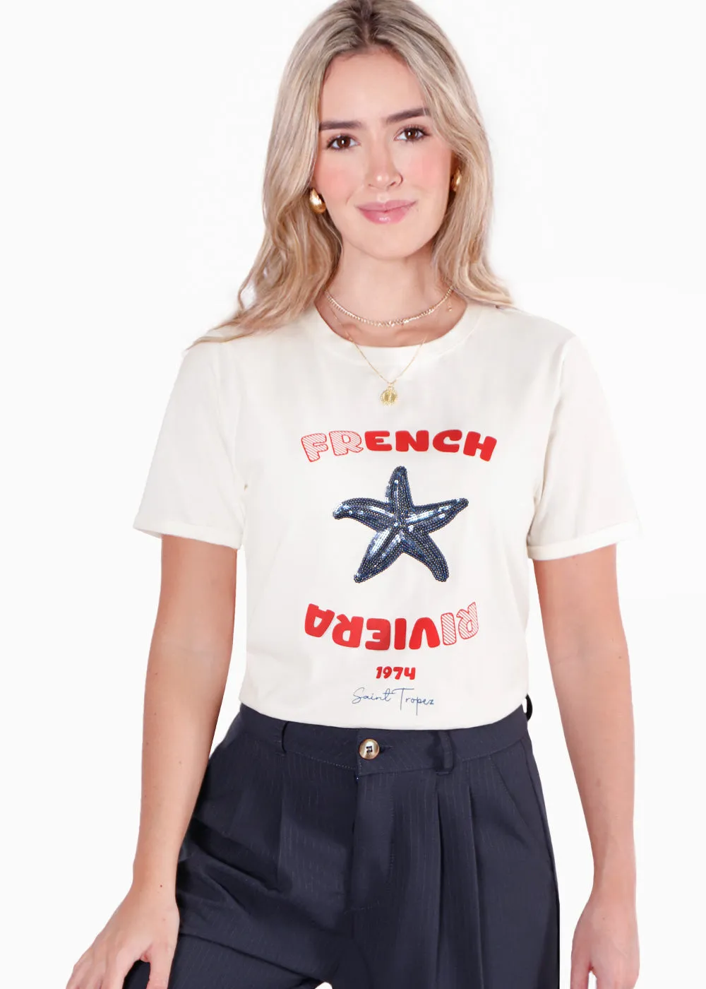 Camiseta estampada "French Riviera" con estrella en lentejuelas - GIANA