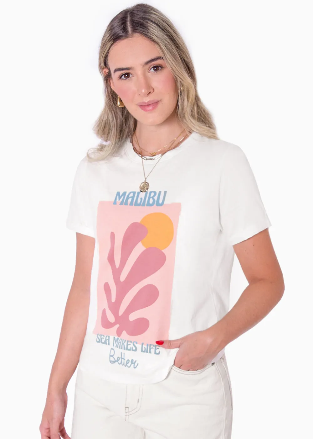 Camiseta estampada "Malibu, sea makes life better" - ORABELLA