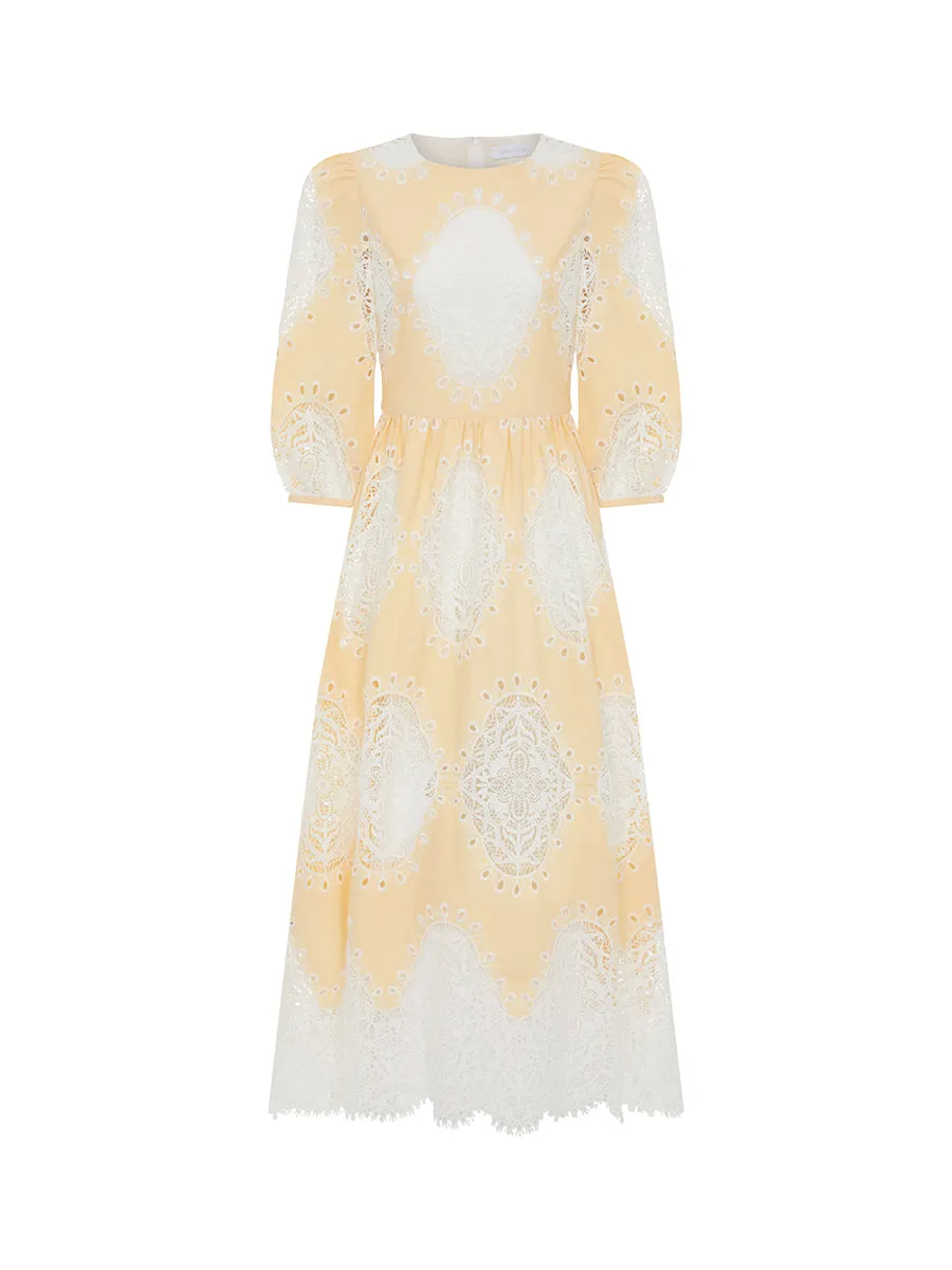 Constance Round Neck Lace Midi Dress - Pale Yellow