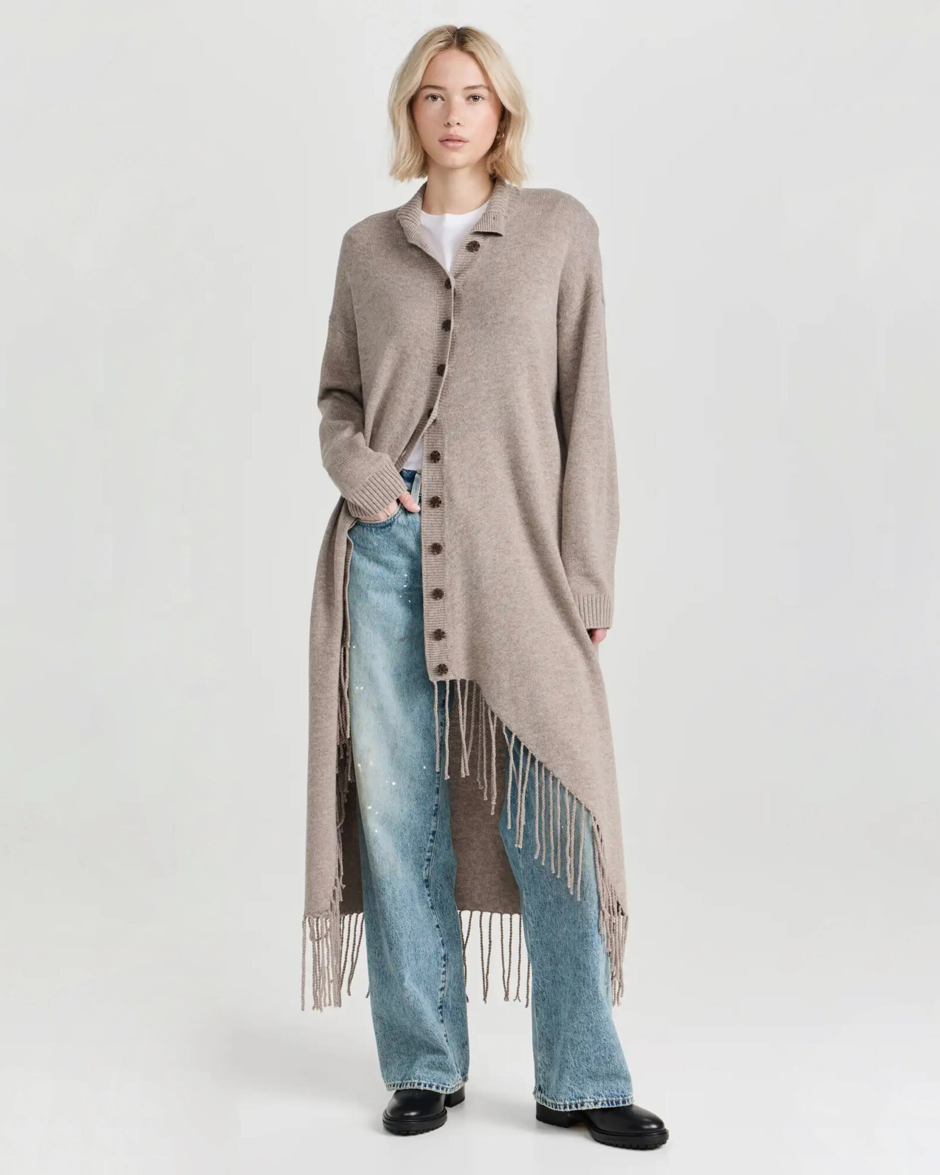 Draped Front Fringe Coat