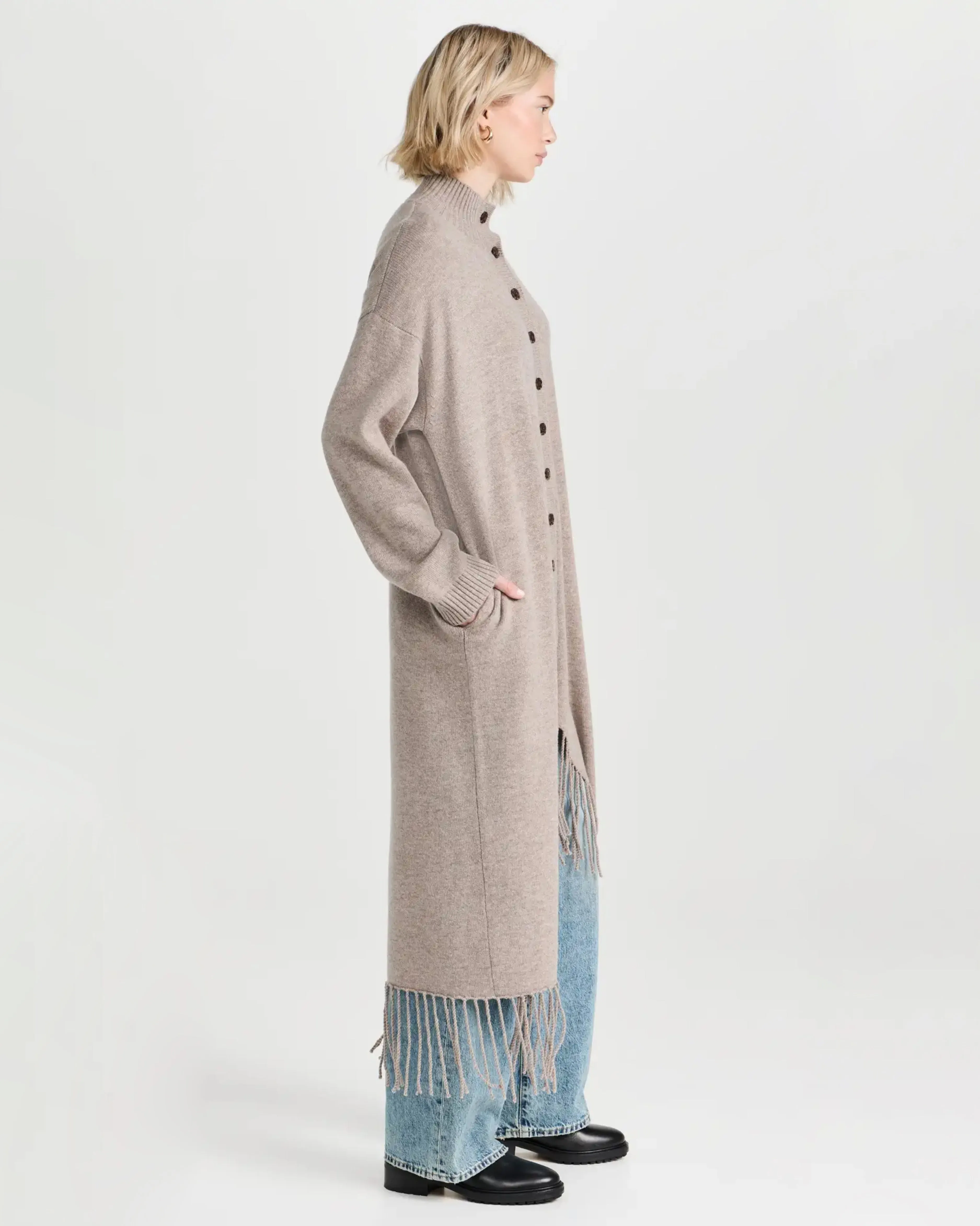 Draped Front Fringe Coat