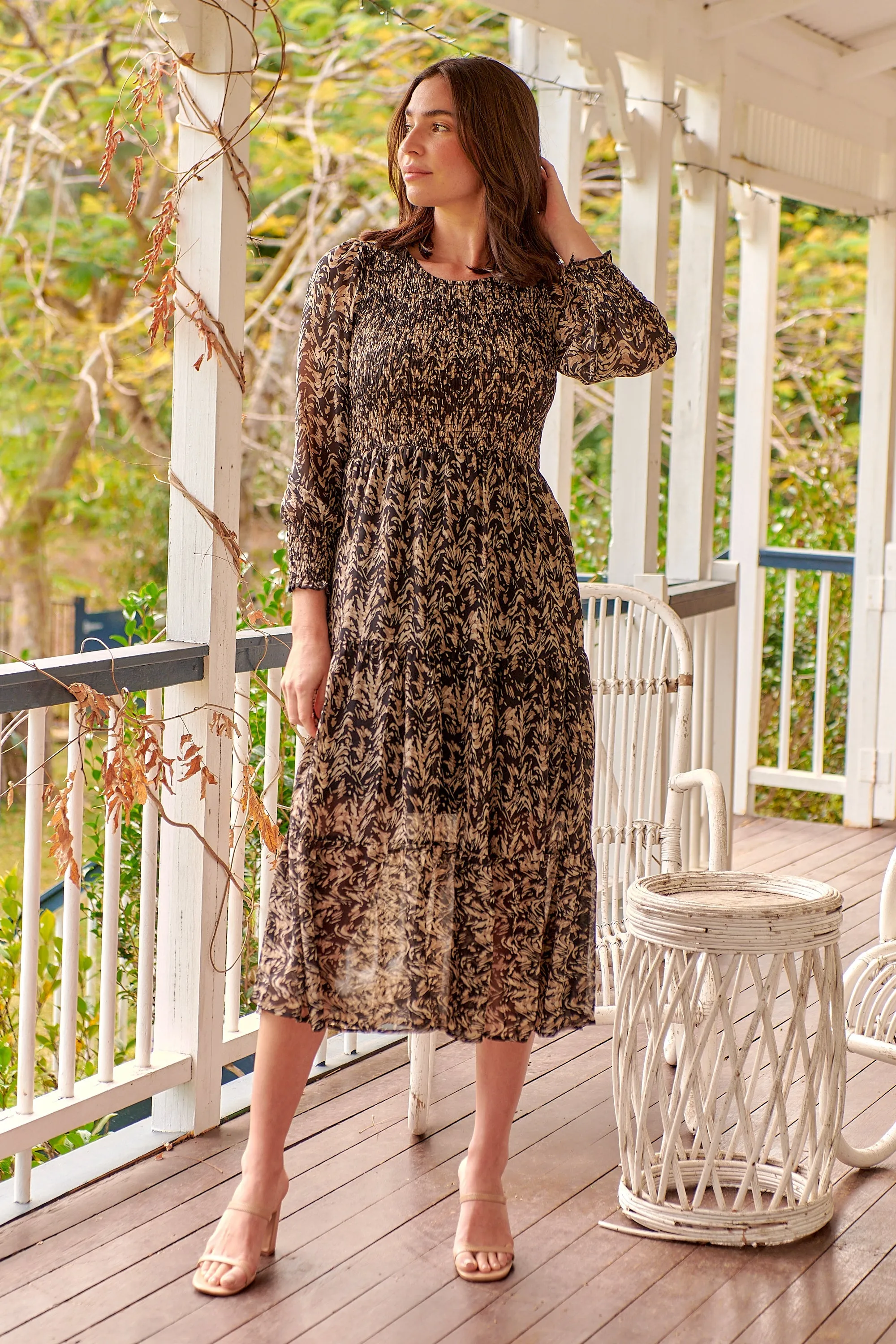 Evelyn Black/Brown Print Chiffon Shirred Long Sleeve Midi Dress