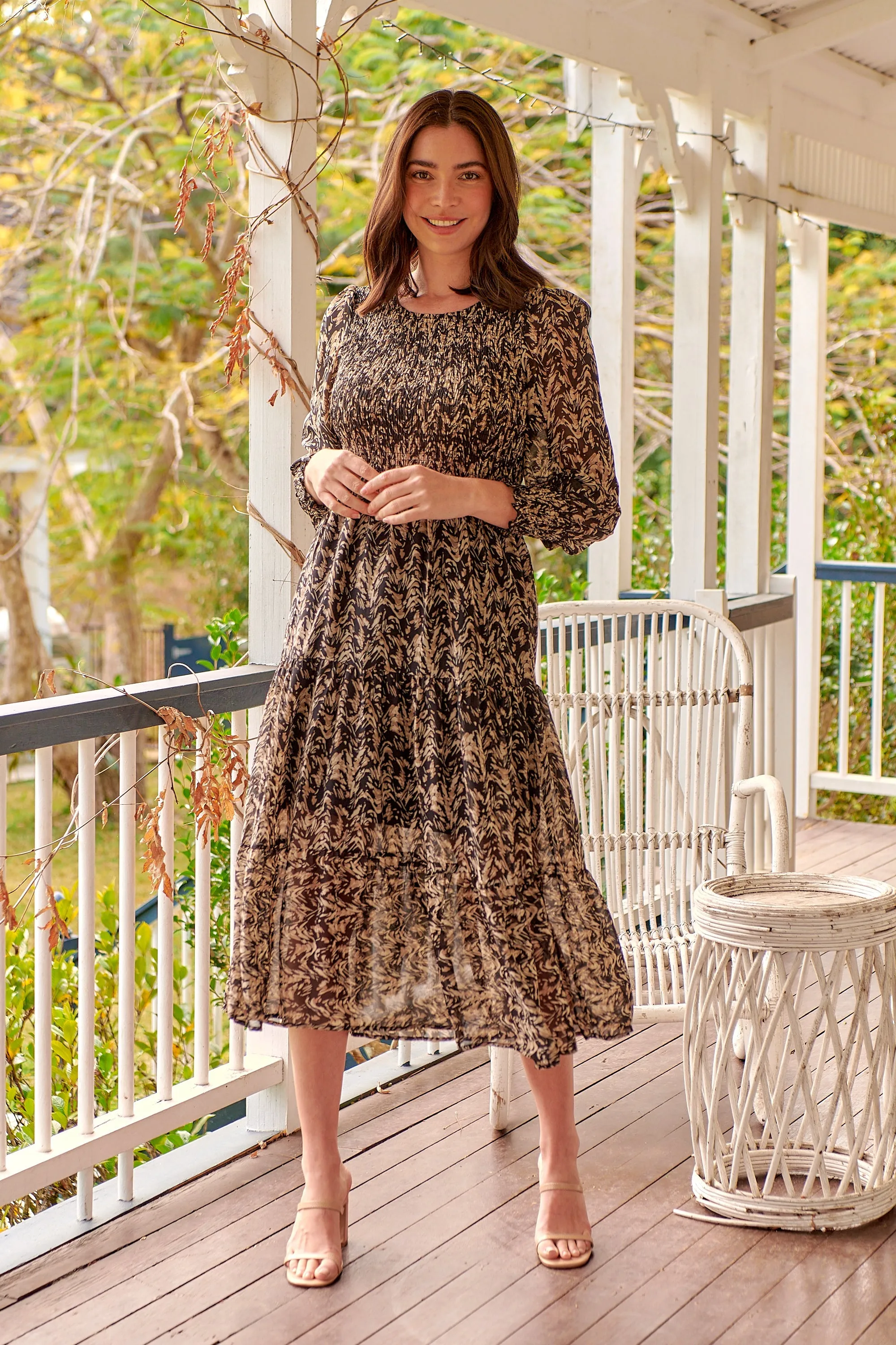 Evelyn Black/Brown Print Chiffon Shirred Long Sleeve Midi Dress